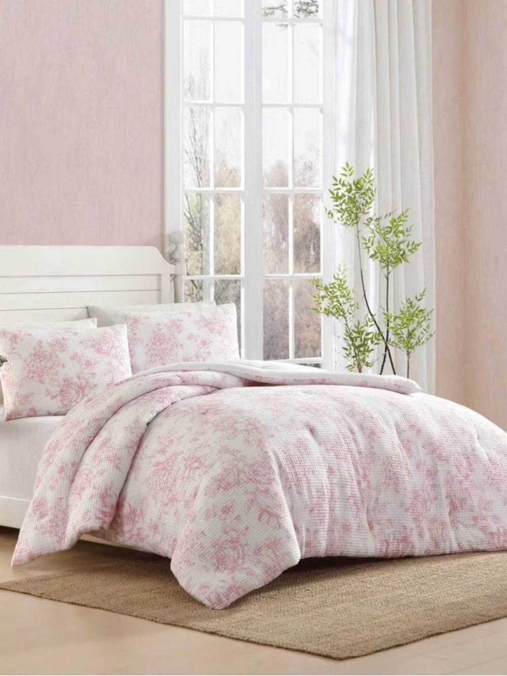 Laura Ashley Blush Pink Floral Delphine Waffle TWIN Comforter Set